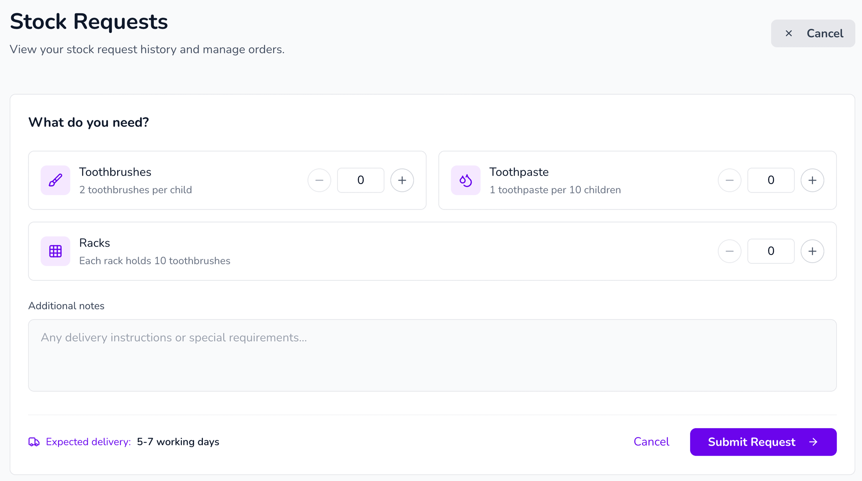 Stock request form for a setting