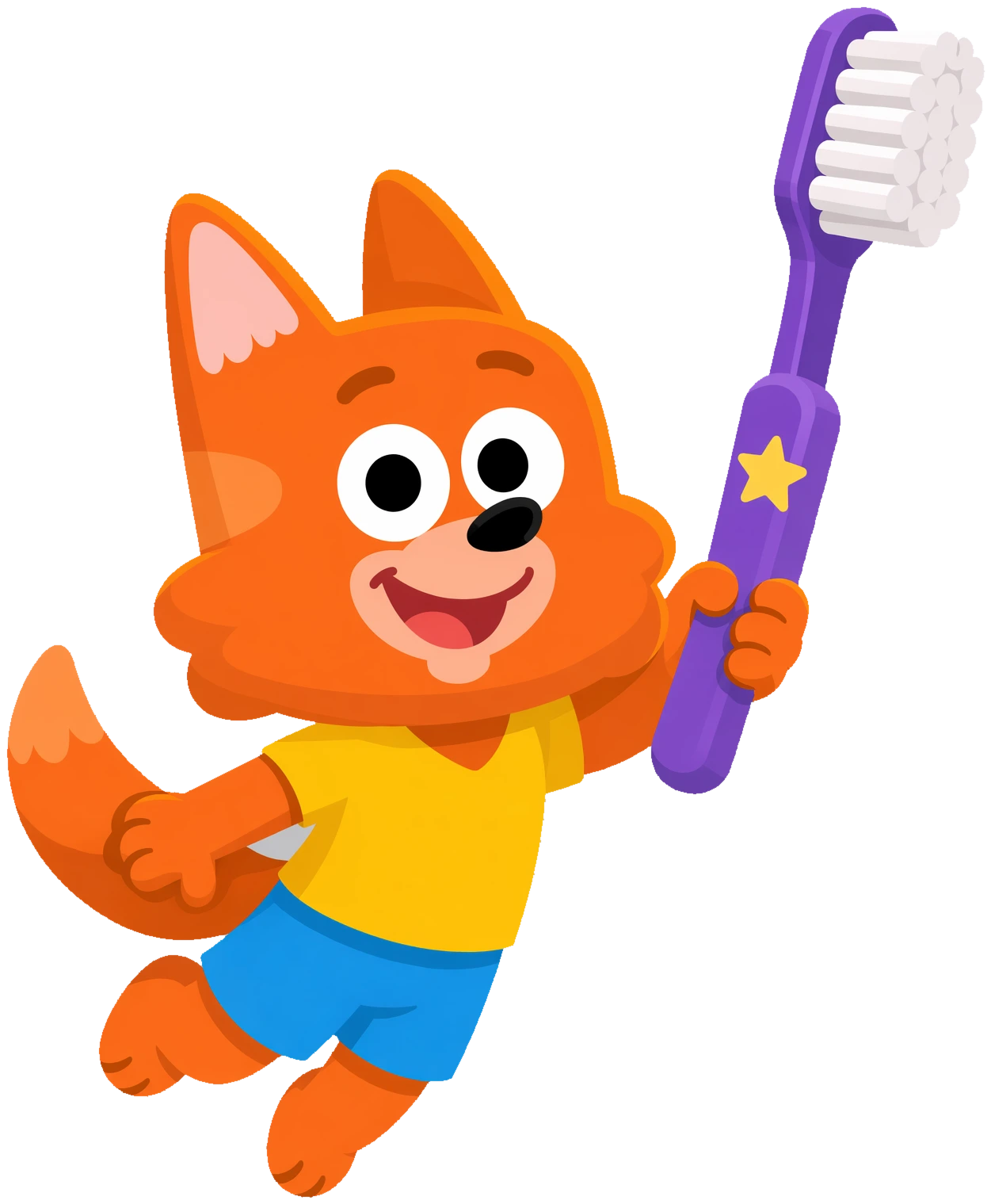 Tito the fox flying with a magic toothbrush